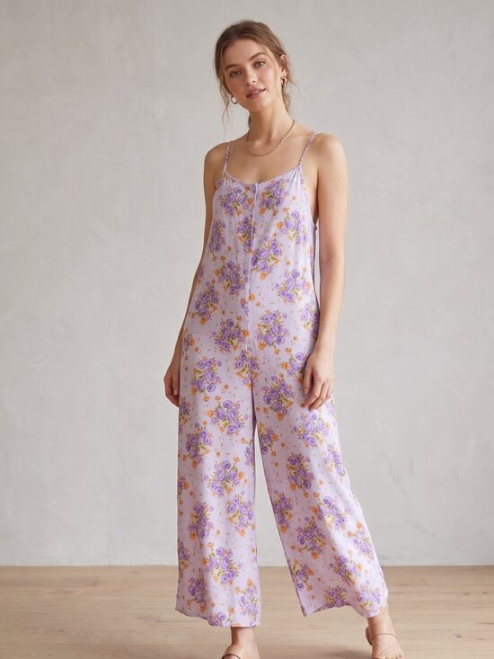 LUXVEER Pants - NWT | Purple Lavender Floral Wide Leg Spaghetti Strap Romper Jumpsuit | XLarge